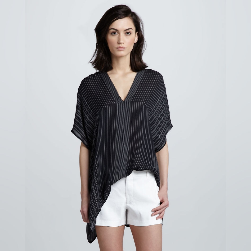 Vince Silk V Neck Tunic Black & White Pinstripe Size Xs
